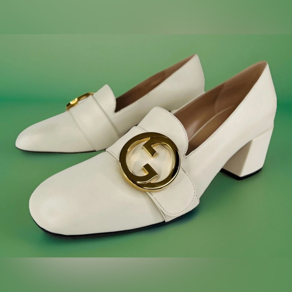 Gucci Blondie Women's Natural Gg Logo Leather Block Heel Pumps Size EU 40.5